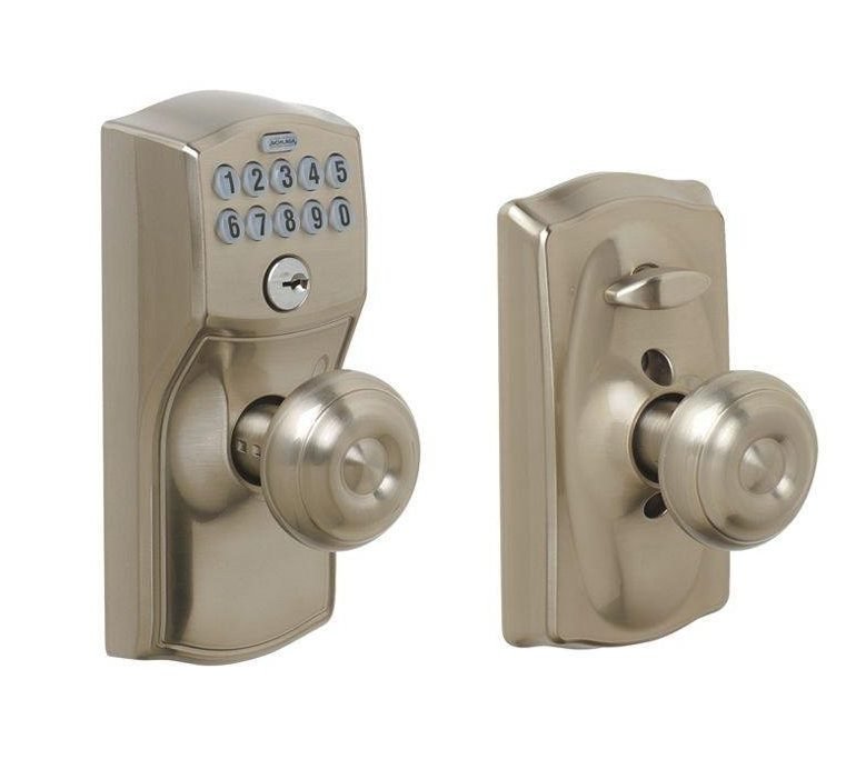 Schlage FE595 CAM 619 GEO Camelot Keypad Entry with Flex-Lock and Georgian Style Knobs, Satin Nickel